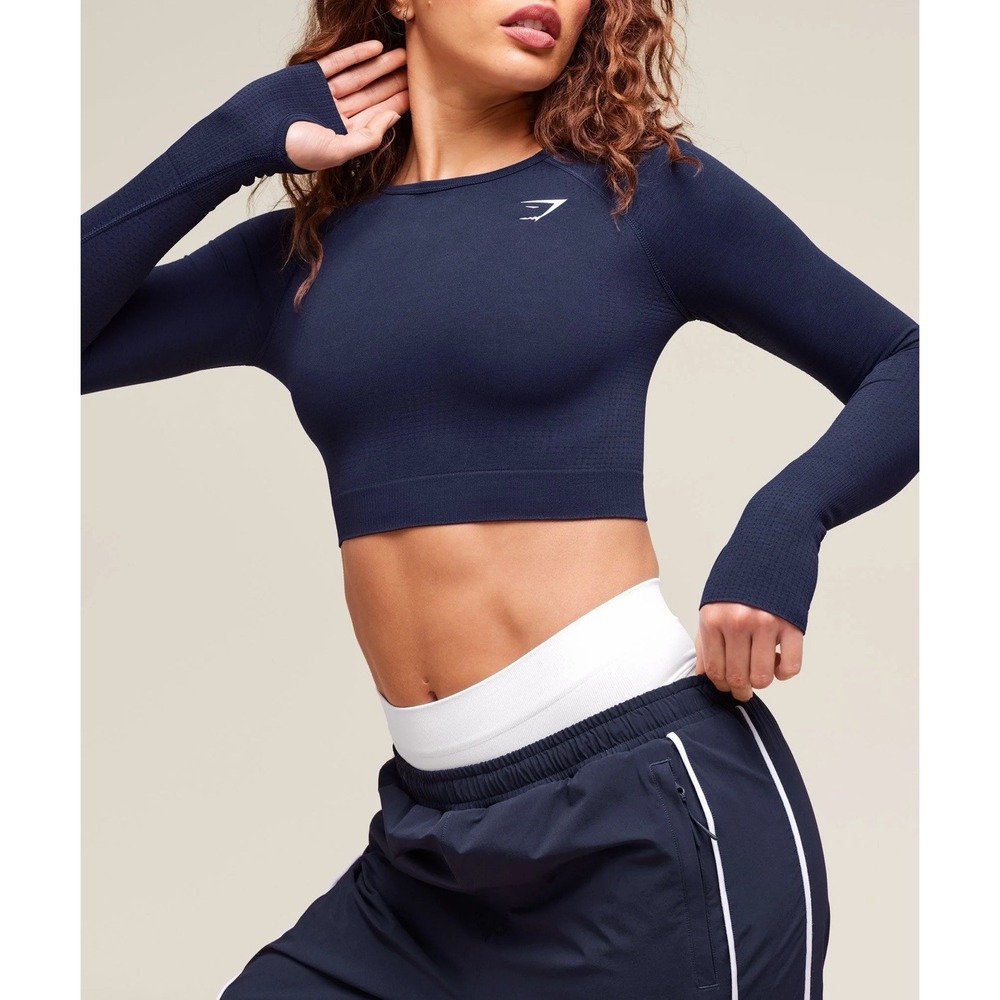 Gymshark Everyday Seamless Long Sleeve Crop Top Sz M Navy Blue Workout Gym Yoga